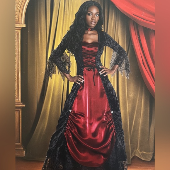 Gothic Vampira Costume Full Length Black and Burgundy Red Gown Size XL - Picture 4 of 4